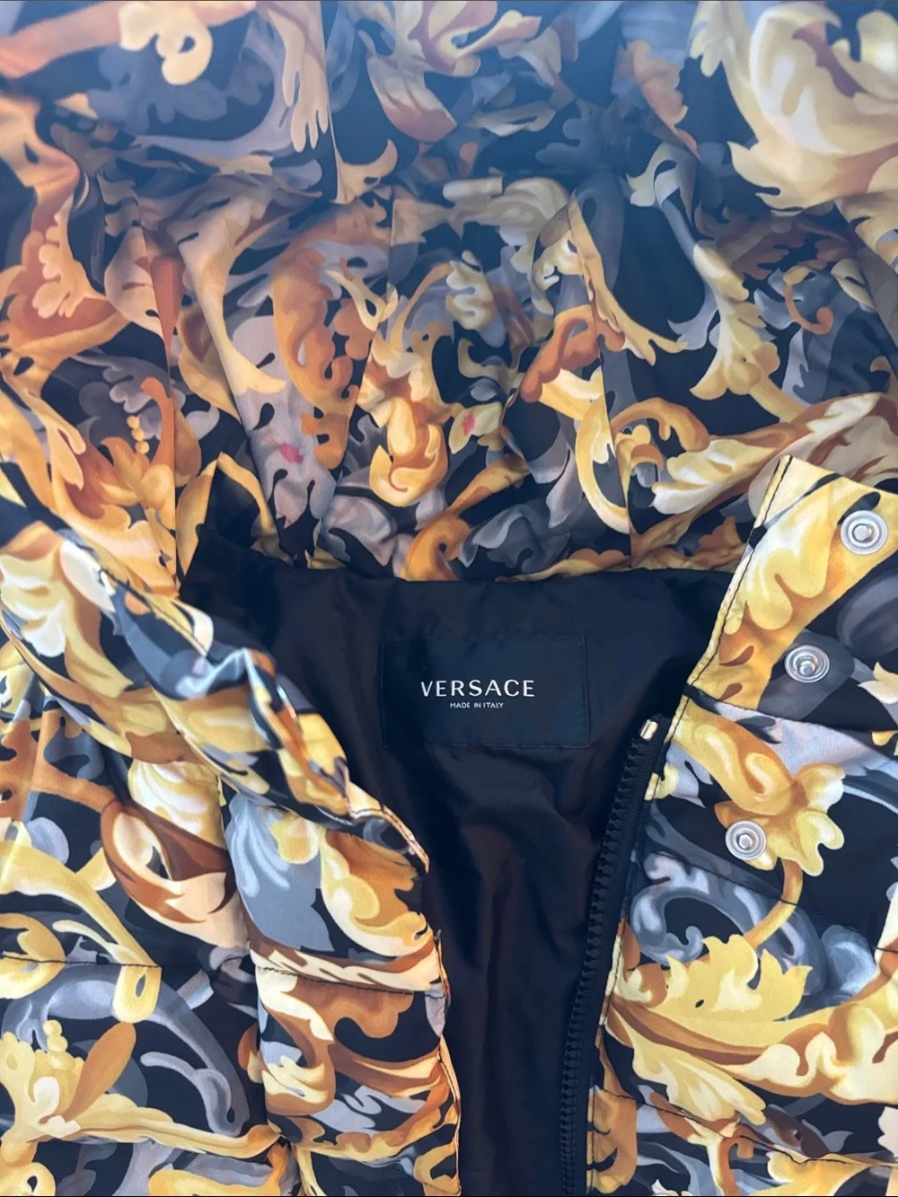 Versace Kids Black and Gold Baroque Hooded Puffer Coat  80% goose down